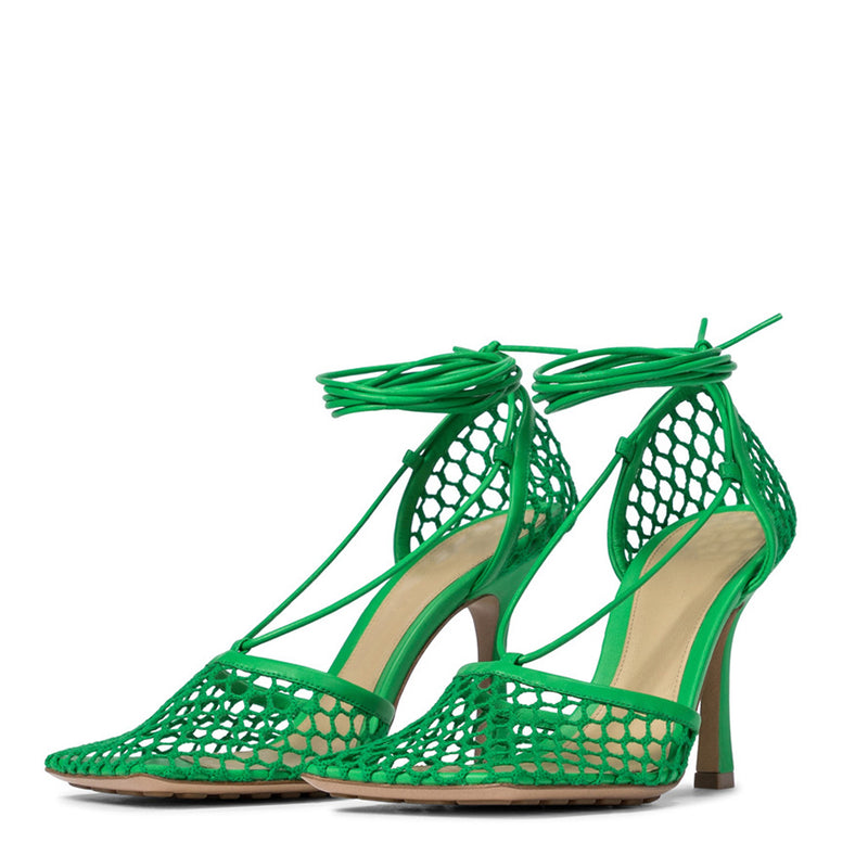 Unique Square Toe Mesh Net High Heel Pumps - Emerald Green
