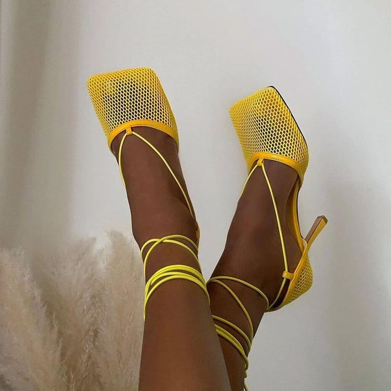 Unique Square Toe Mesh Net High Heel Pumps - Yellow