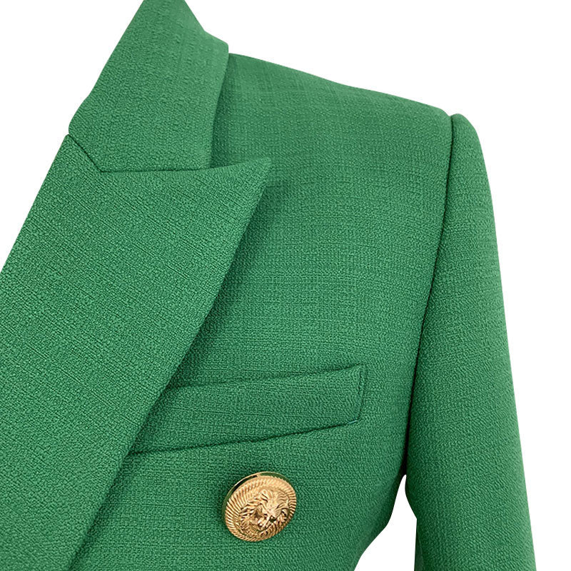 Vibrant Gold Button Detail Double Breasted Peak Lapel Tailored Linen Blazer