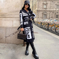 Vintage Belted Graphic Long Sleeve Longline Trench Coat - Black