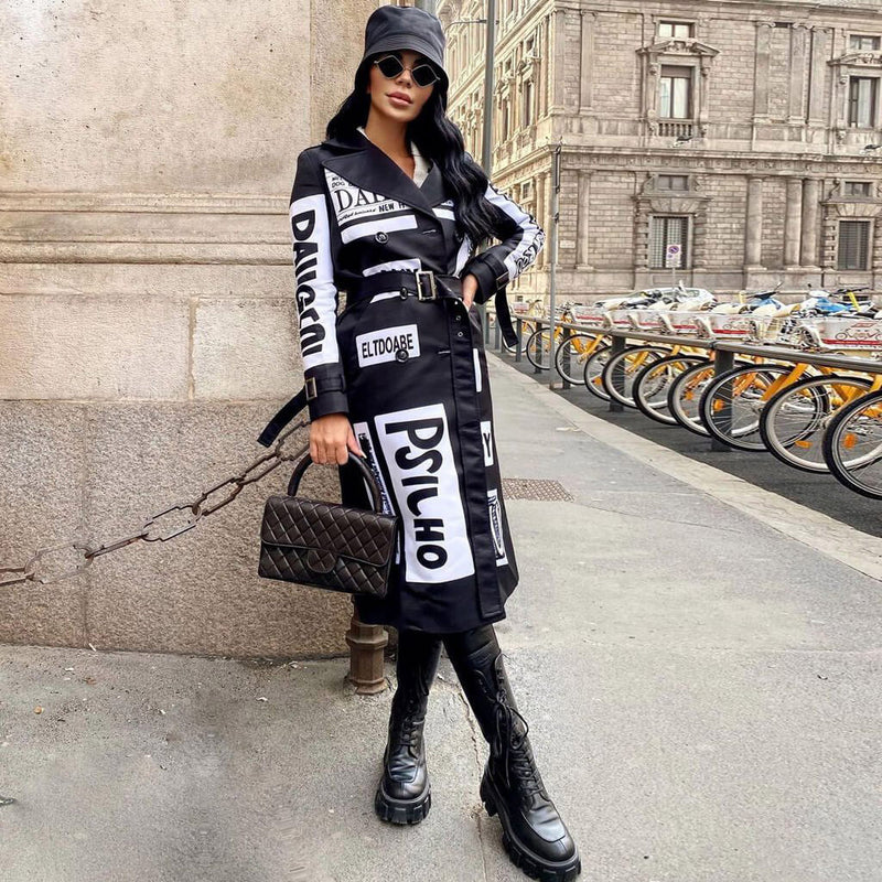 Vintage Belted Graphic Long Sleeve Longline Trench Coat - Black