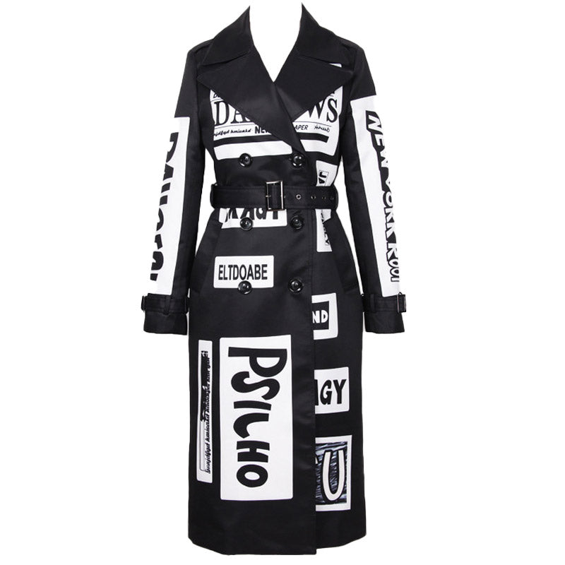 Vintage Belted Graphic Long Sleeve Longline Trench Coat - Black