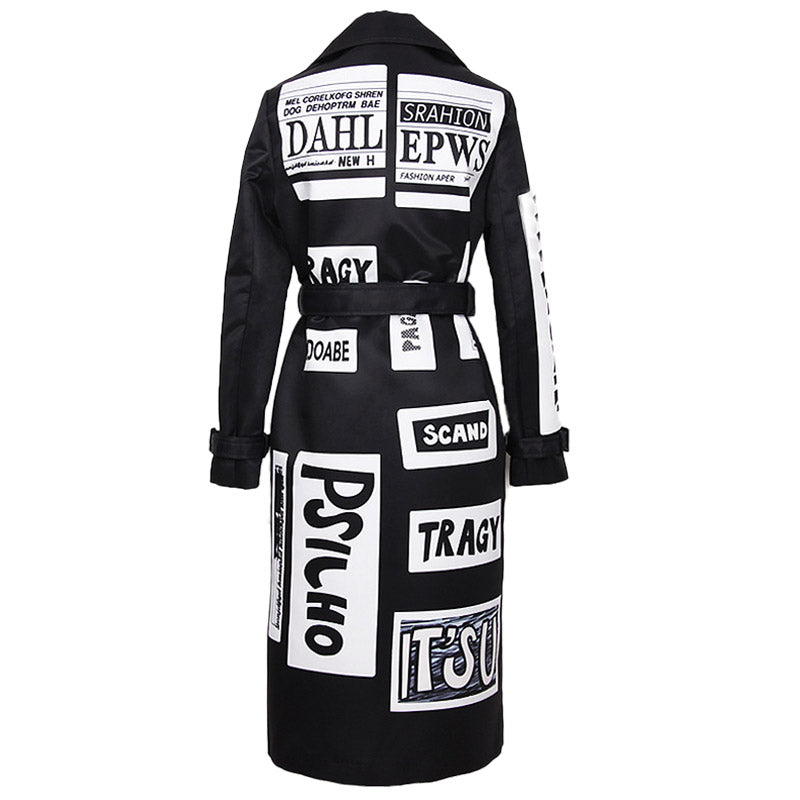 Vintage Belted Graphic Long Sleeve Longline Trench Coat - Black