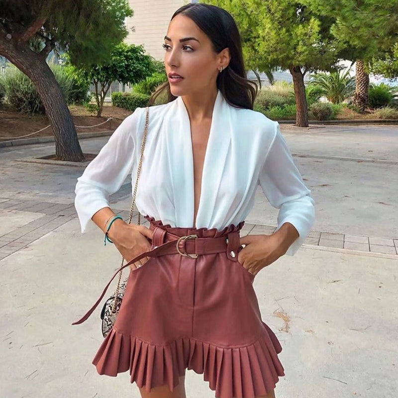 Vintage Belted High Waist Leather Mini Pleated Dress - Chocolate