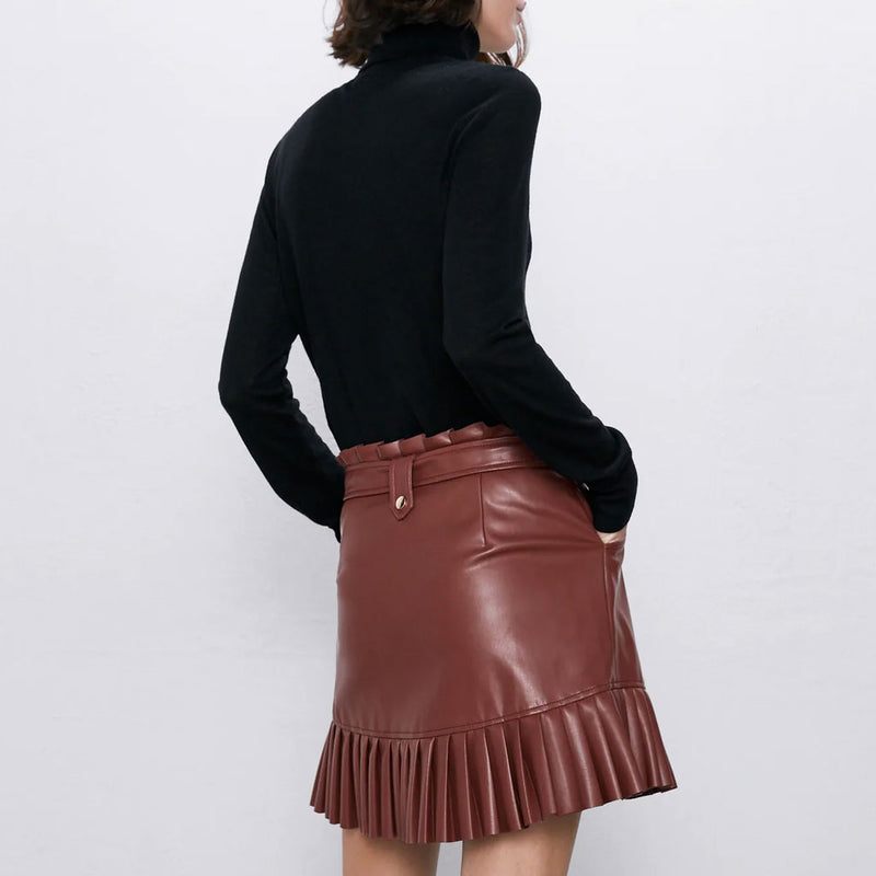Vintage Belted High Waist Leather Mini Pleated Dress - Chocolate