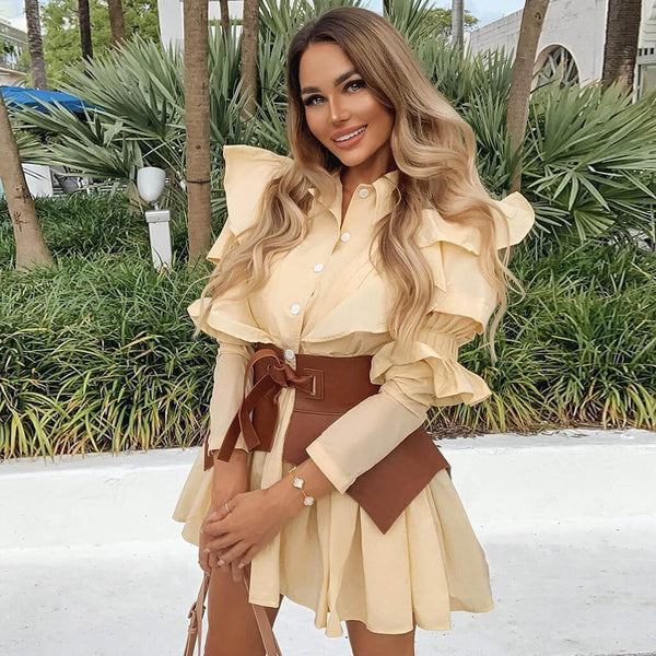 Vintage Belted Long Sleeve Ruffle Mini Shirt Dress - Beige