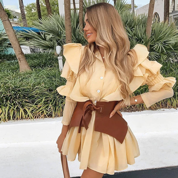 Vintage Belted Long Sleeve Ruffle Mini Shirt Dress - Beige