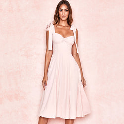 Vintage Bow Tie Fit & Flare High Slit Midi Sundress - Pink