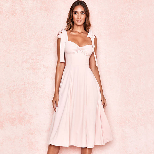 Vintage Bow Tie Fit & Flare High Slit Midi Sundress - Pink