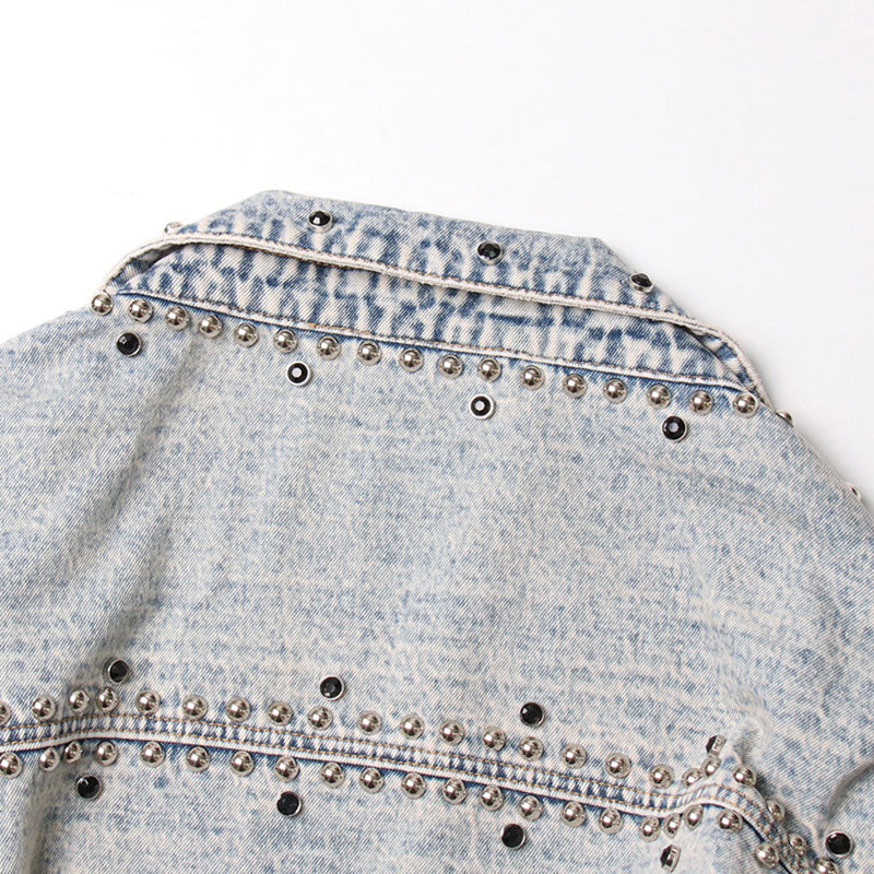 Vintage Collared Drop Shoulder Long Sleeve Stud Embellished Denim Bolero Jacket