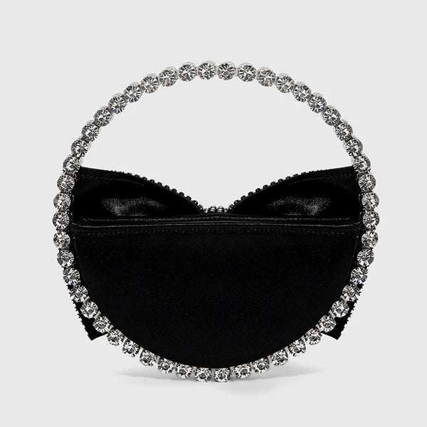 Vintage Crystal Embellished Bow Semicircular Velvet Clutch Bag - Black