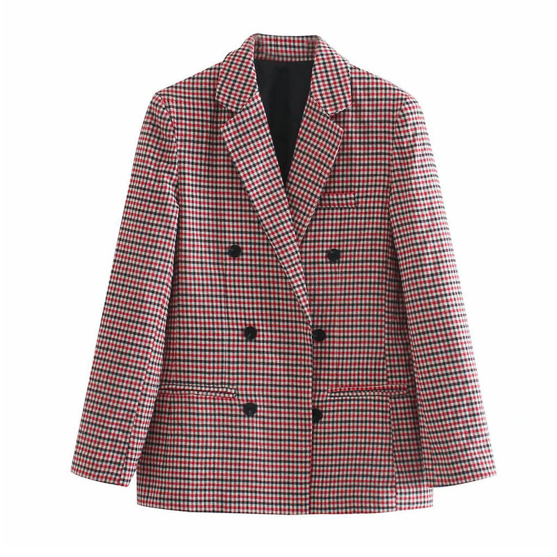 Vintage Double-Breasted Long Sleeve Collared Checked Blazer - Red