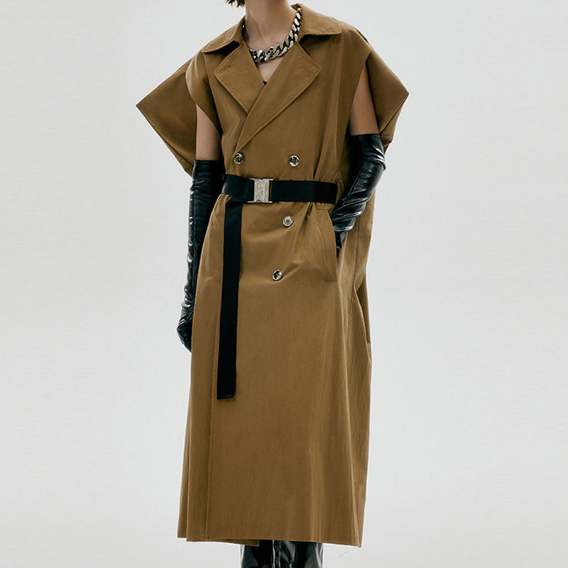 Vintage Extended Shoulder Double Breasted Belted Cape Trench Coat