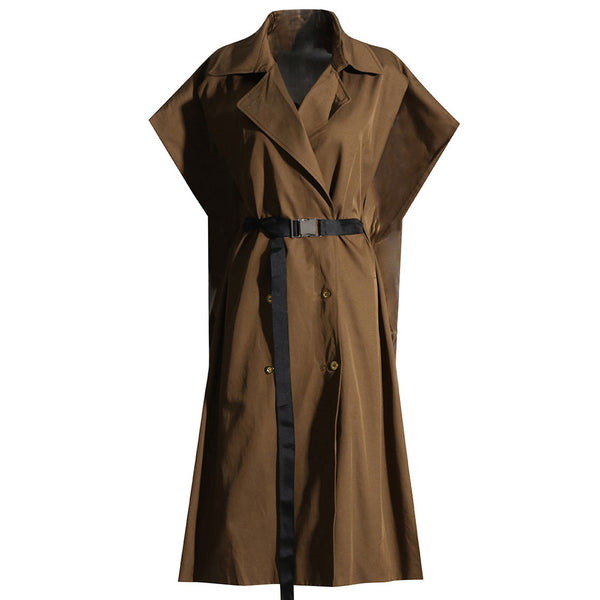 Vintage Extended Shoulder Double Breasted Belted Cape Trench Coat - Brown
