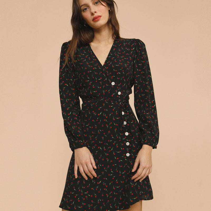 Vintage Floral Bishop Sleeve V Neck Buttoned Wrap Mini Dress - Black
