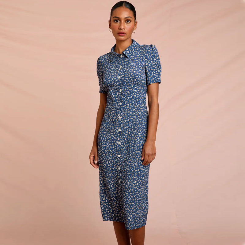 Vintage Floral Print Collared Button Up Short Sleeve Midi Dress - Blue