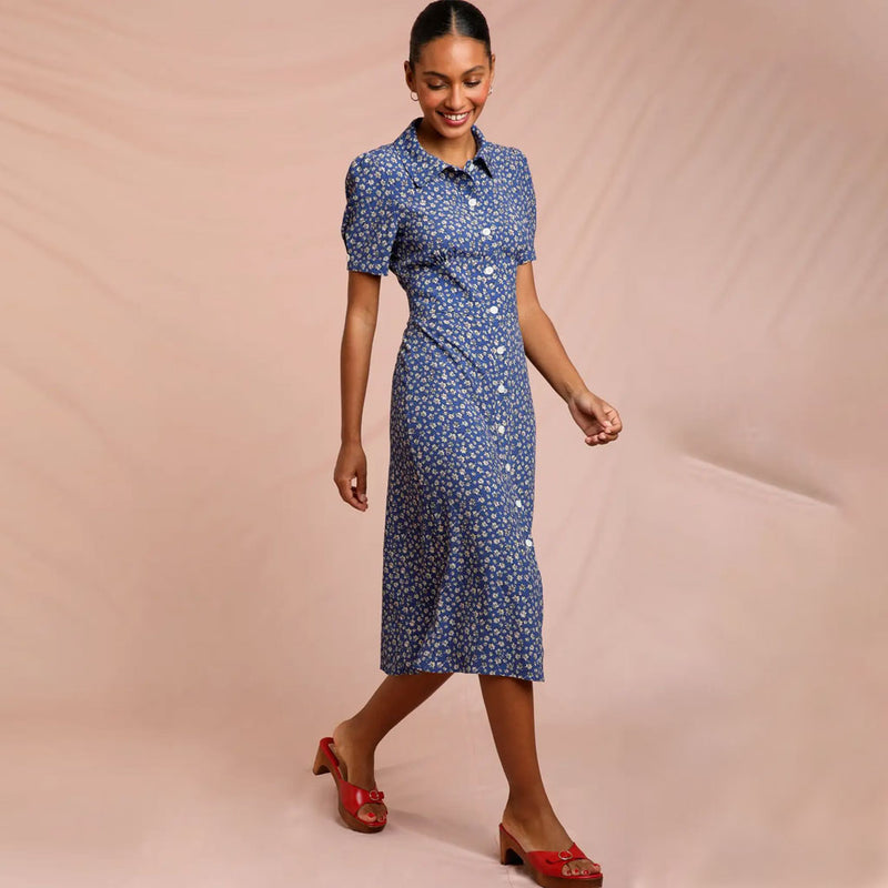 Vintage Floral Print Collared Button Up Short Sleeve Midi Dress - Blue