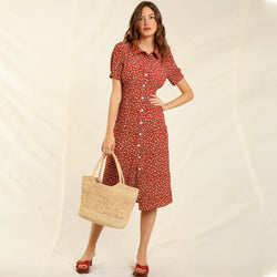 Vintage Floral Print Collared Button Up Short Sleeve Midi Dress - Red