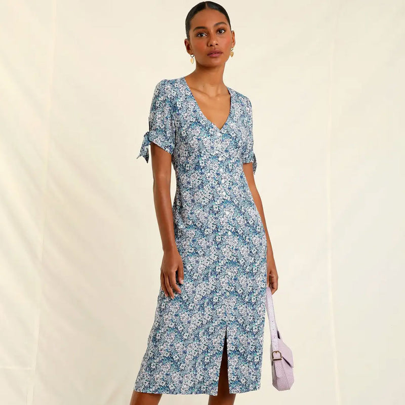 Vintage Floral Print V Neck Button Up Bow Tie Puff Sleeve Midi