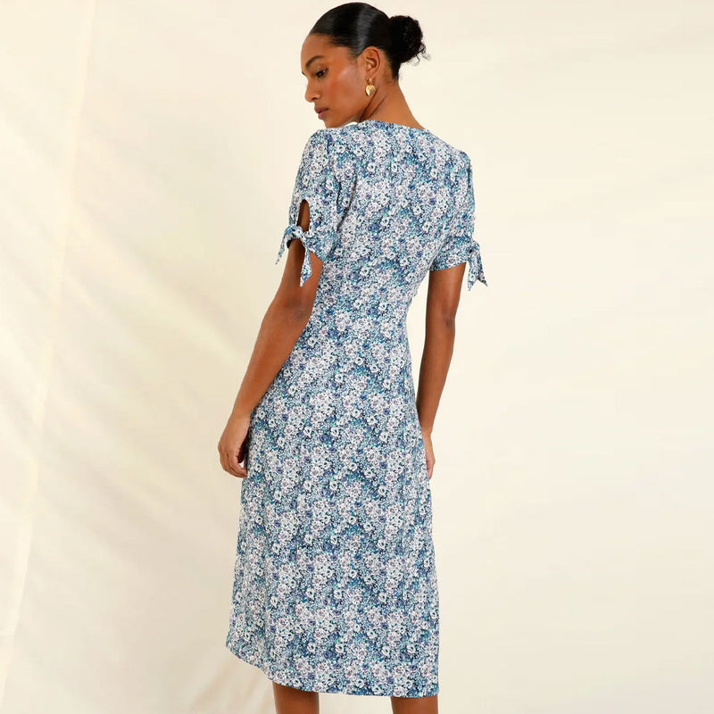 Vintage Floral Print V Neck Button Up Bow Tie Puff Sleeve Midi Dress - Blue