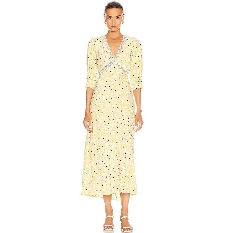 Vintage Floral Print V Neck Lace Trim Puff Sleeve Midi Dress - Yellow