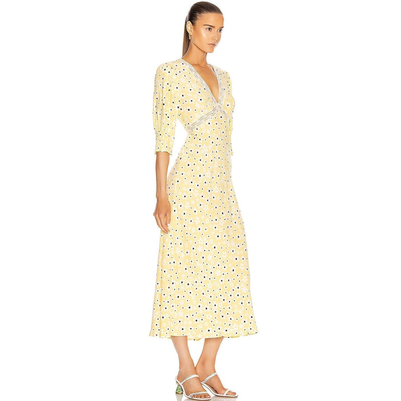 Vintage Floral Print V Neck Lace Trim Puff Sleeve Midi Dress - Yellow