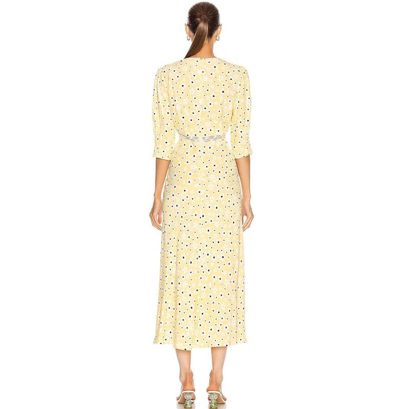 Vintage Floral Print V Neck Lace Trim Puff Sleeve Midi Dress - Yellow