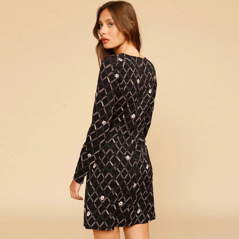 Vintage Geometric Printed Long Sleeve Scoop Neck Mini Dress - Black