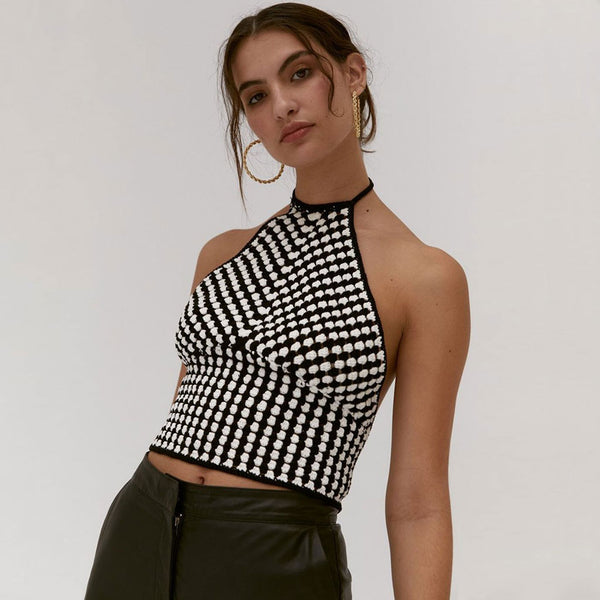 Vintage Gingham Lace Up Halter Neck Cropped Tank Top - Black