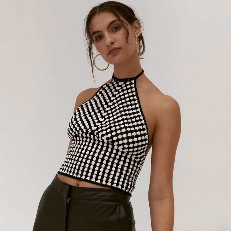 Vintage Gingham Lace Up Halter Neck Cropped Tank Top - Black – Luxedress