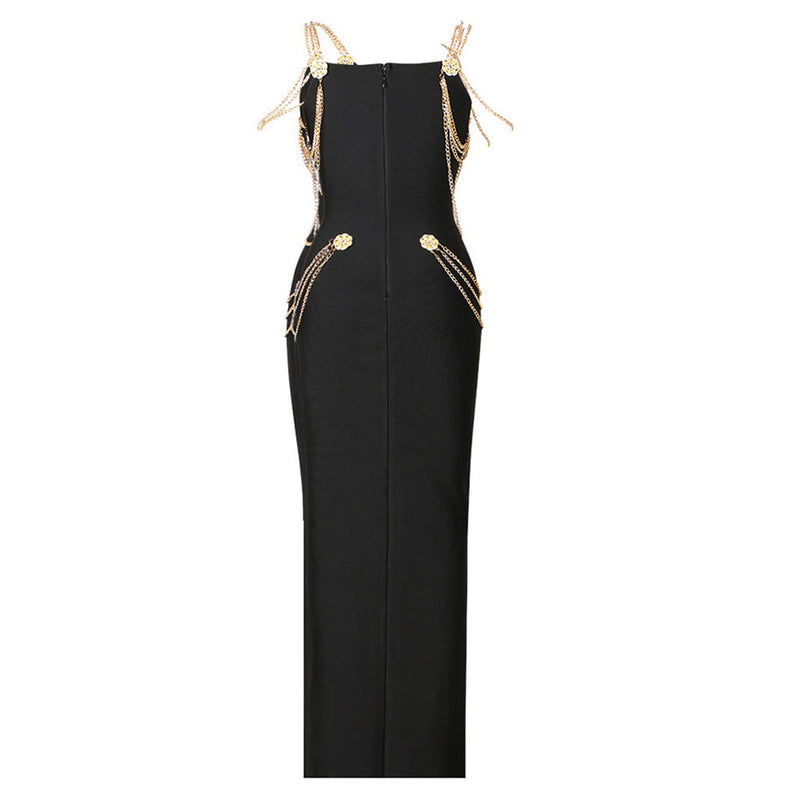 Vintage Gold Chain Strappy Deep V Evening Maxi Dress - Black