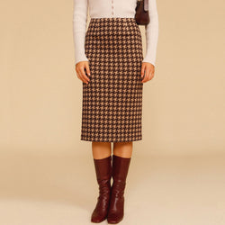 Vintage High Waist Bodycon Houndstooth Knit Midi Skirt - Coffee