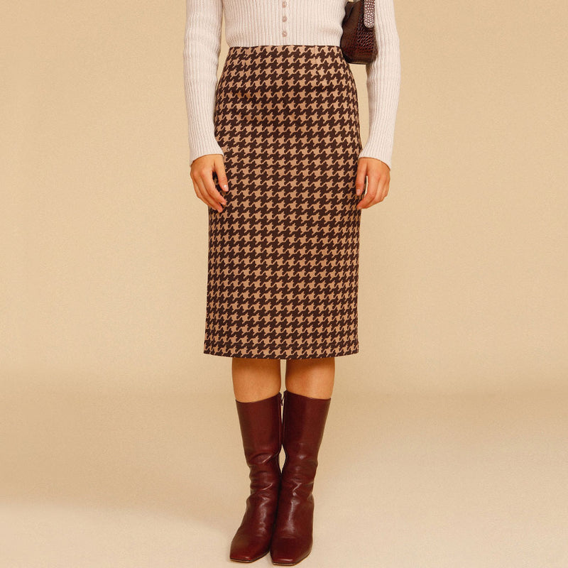 Vintage High Waist Bodycon Houndstooth Knit Midi Skirt - Coffee