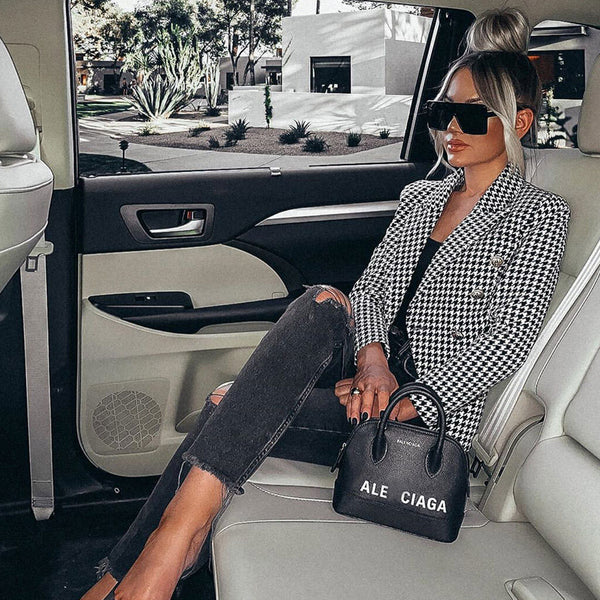 Vintage Houndstooth Peak Lapel Double Breasted Blazer - Black