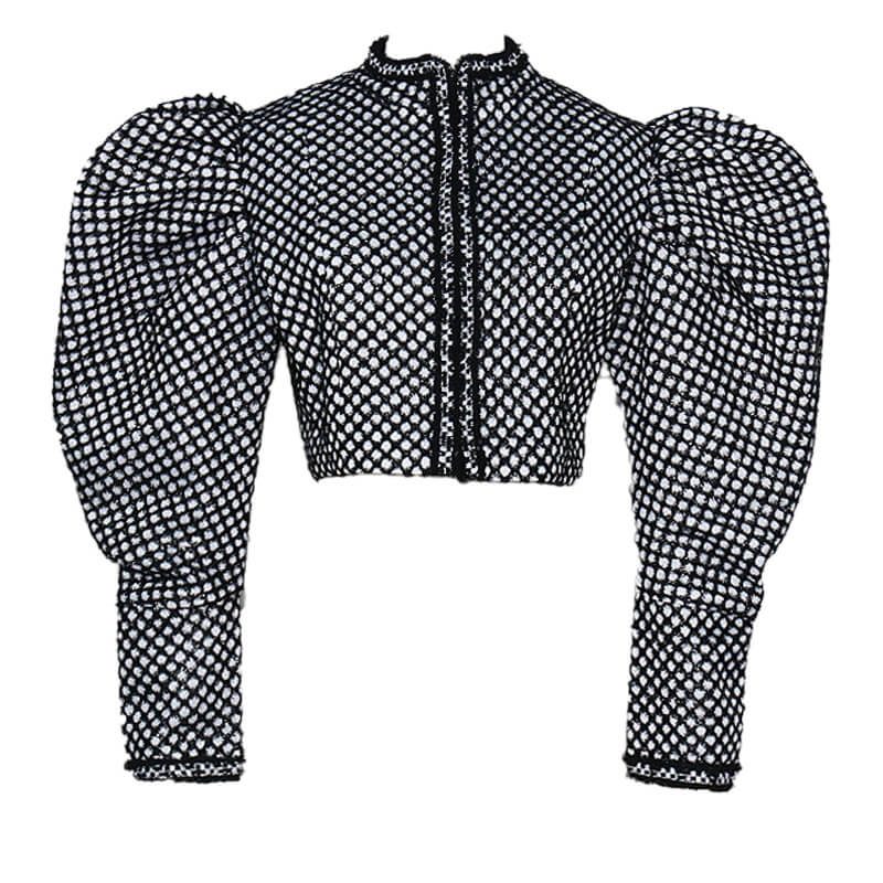 Vintage Houndstooth Puff Sleeve Hook Front Cropped Jacket - Black