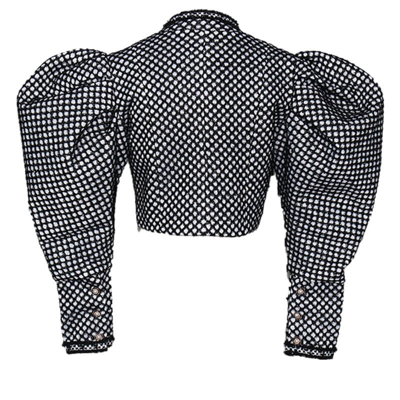 Vintage Houndstooth Puff Sleeve Hook Front Cropped Jacket - Black
