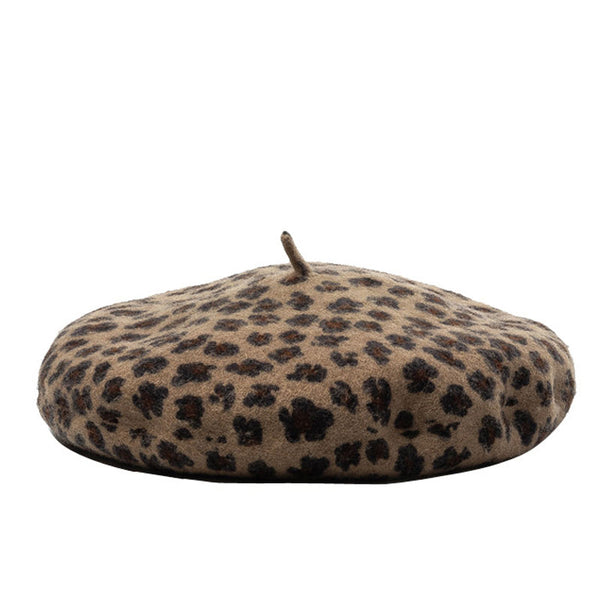 Vintage Leopard Print Wool Blend Beret - Coffee