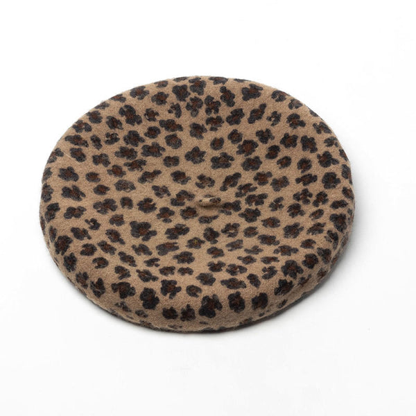 Vintage Leopard Print Wool Blend Beret - Coffee