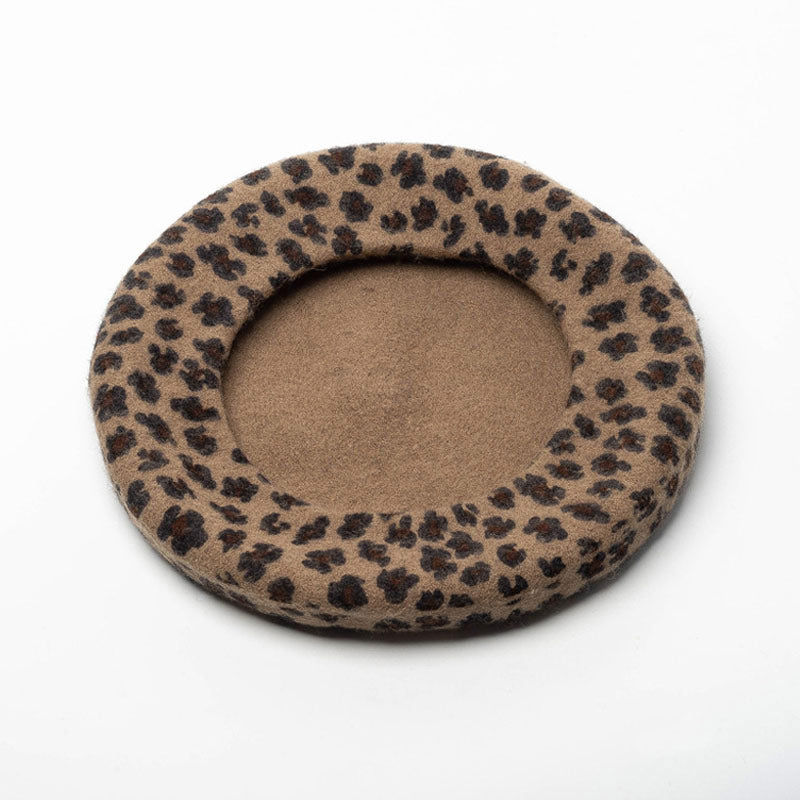 Vintage Leopard Print Wool Blend Beret - Coffee