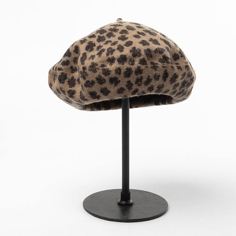 Vintage Leopard Print Wool Blend Beret - Coffee