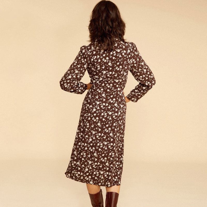 Vintage Long Sleeve Button Front V Neck Midi Floral Dress - Coffee