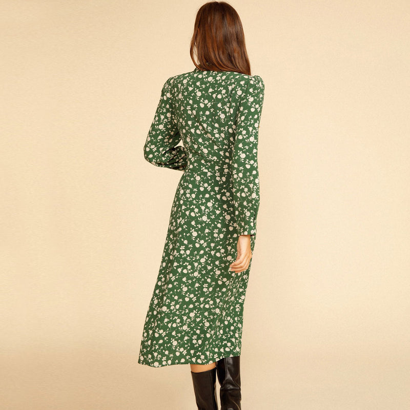 Vintage Long Sleeve Button Front V Neck Midi Floral Dress - Green