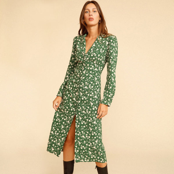 Vintage Long Sleeve Button Front V Neck Midi Floral Dress - Green