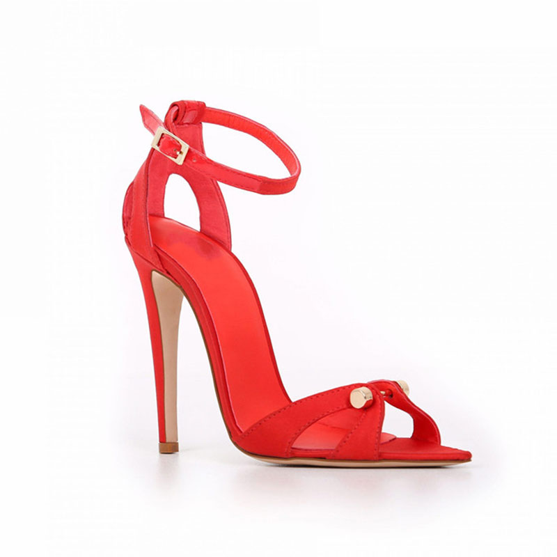 Vintage Metal Bar Detail Pointed Toe Ankle Strap Stiletto Pumps - Red