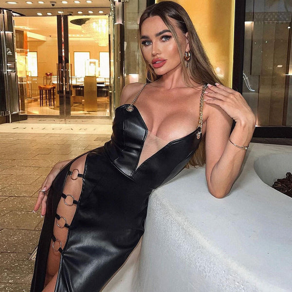 Vintage Metal Strappy Deep V High Slit Leather Evening Maxi Dress - Black