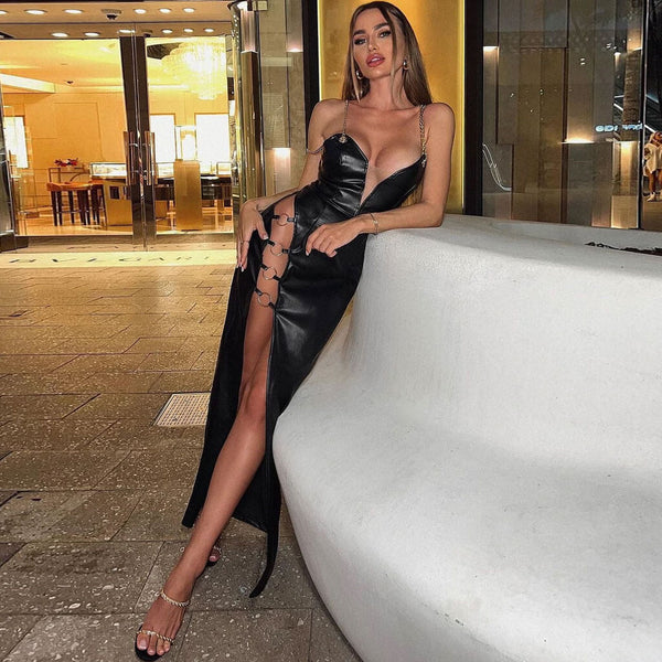 Vintage Metal Strappy Deep V High Slit Leather Evening Maxi Dress - Black