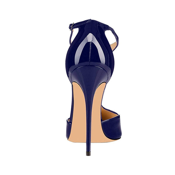 Vintage Patent Leather Pointed Toe T Strap Stiletto Pumps - Navy Blue