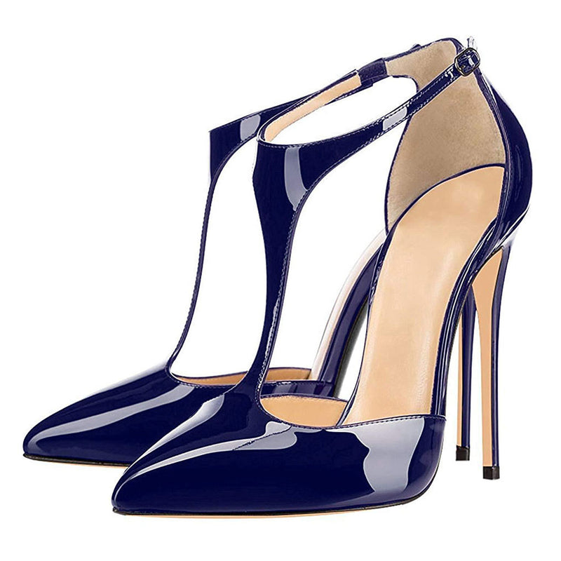 Vintage Patent Leather Pointed Toe T Strap Stiletto Pumps - Navy Blue