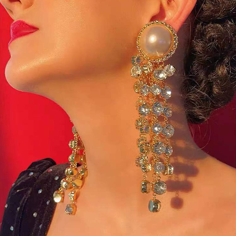 Vintage Pearl Crystal Embellished Chandelier Earrings - Gold