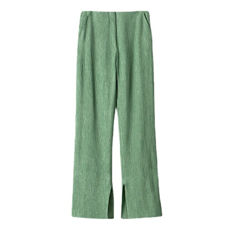 Vintage Ruched High Waist Side Slit Straight Leg Bootcut Pants - Green